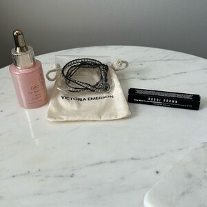 Vegamour GRO Hair Serum, Victoria Emerson leather wrap bracelet, Bobbi Brown